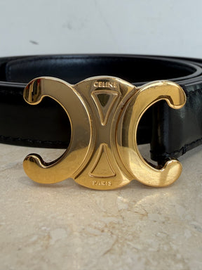 Celine Black Leather Triomphe Logo belt, 75