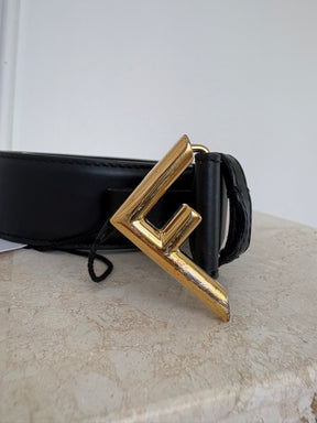 Fendi Black Leather Gold Logo Belt, 85