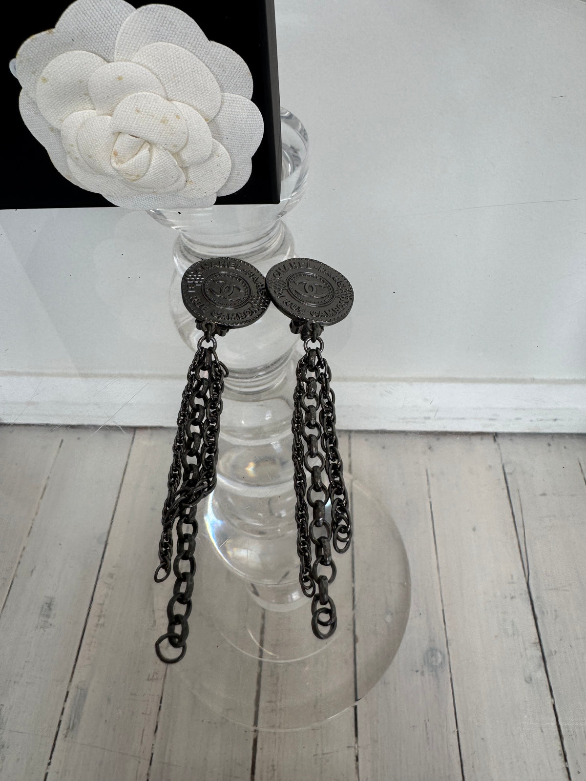 Chanel Metal Coin And Chain Detail Earings In Metal