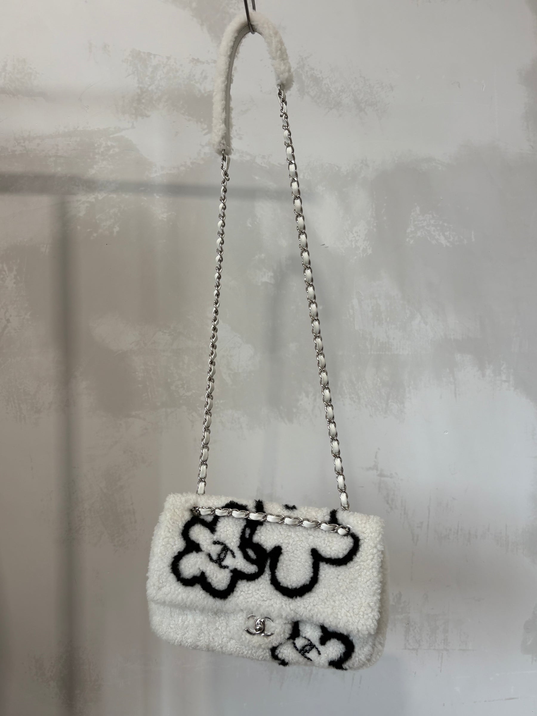 Chanel White and Black Floral Logo Medium Shearling Flap Bag