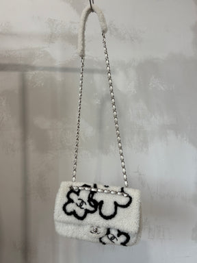 Chanel White and Black Floral Logo Medium Shearling Flap Bag