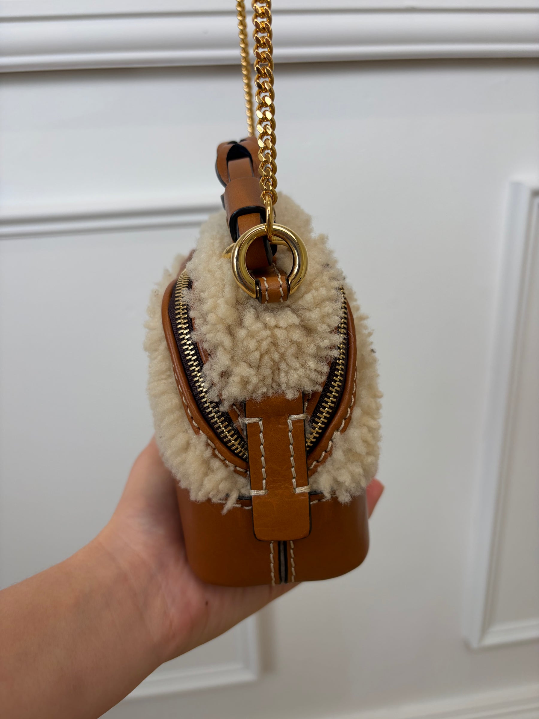 Chloé Tan Leather and Shearing Mini Daria Crossbody Bag