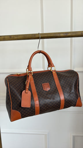 Celine Triomphe Canvas and Tan Leather Trim Duffle Bag