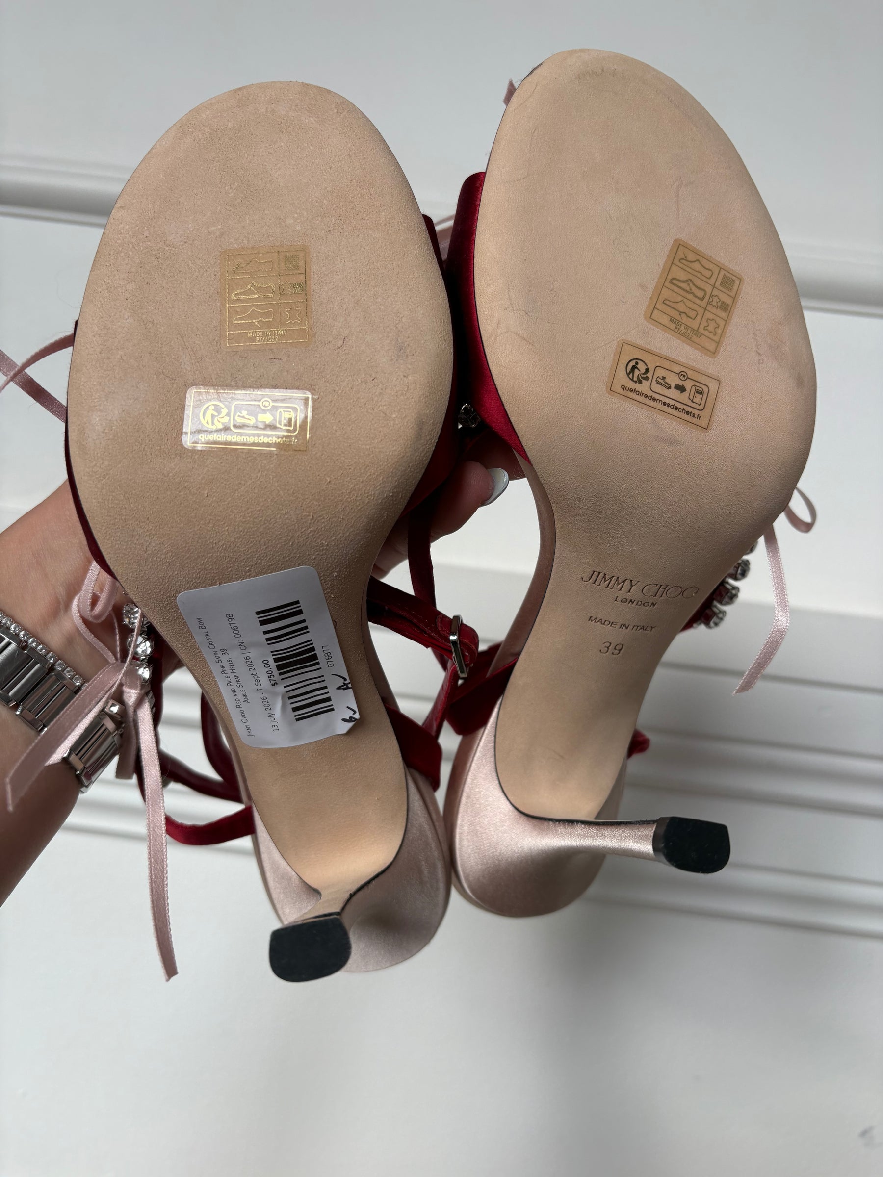 Jimmy Choo Red and Pale Pink Satin Crystal Bow Ankle Strap Heels, 39