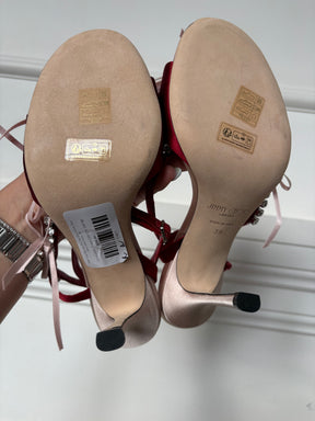 Jimmy Choo Red and Pale Pink Satin Crystal Bow Ankle Strap Heels, 39