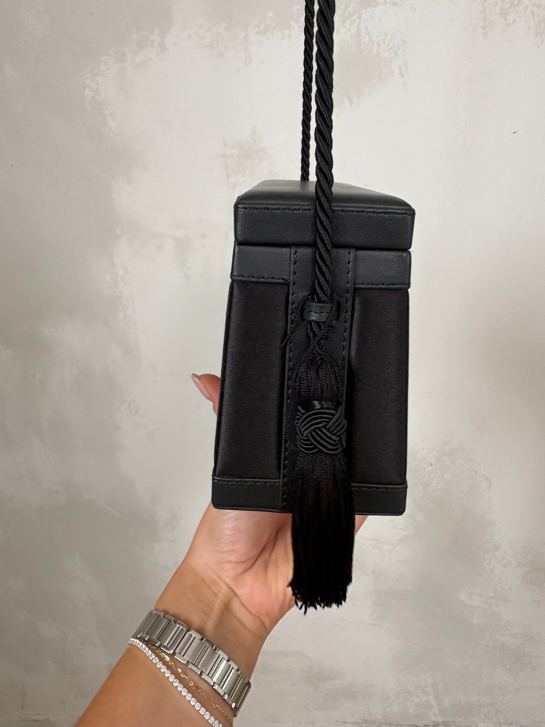 Hunting Season Black Satin and leather Tassel Box Bag