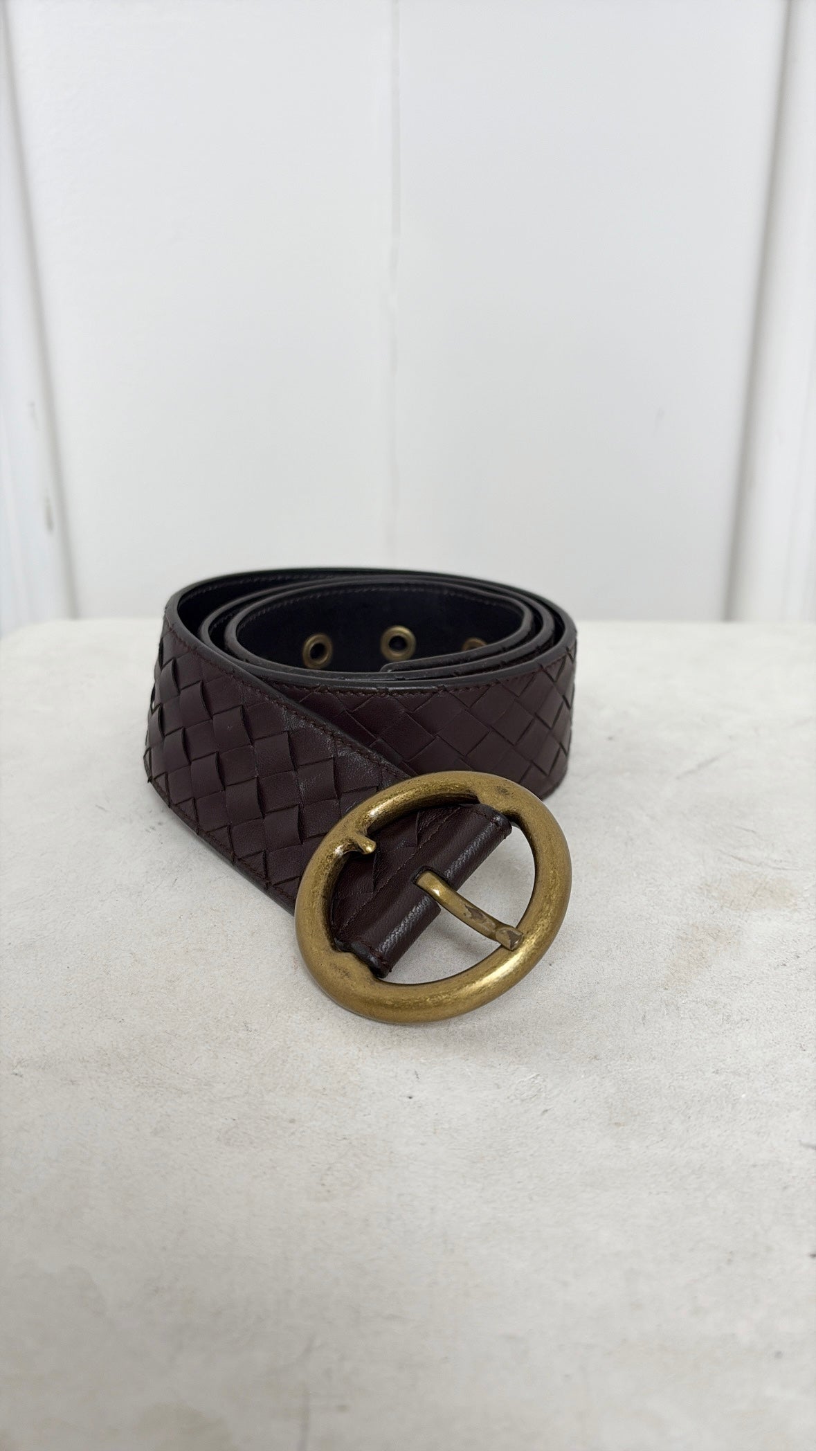 Bottega Veneta Brown Intrecciato Leather Round Buckle Belt, 85