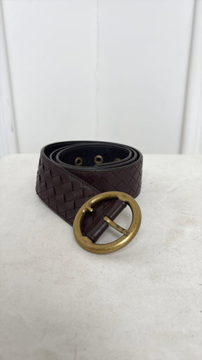 Bottega Veneta Brown Intrecciato Leather Round Buckle Belt, 85