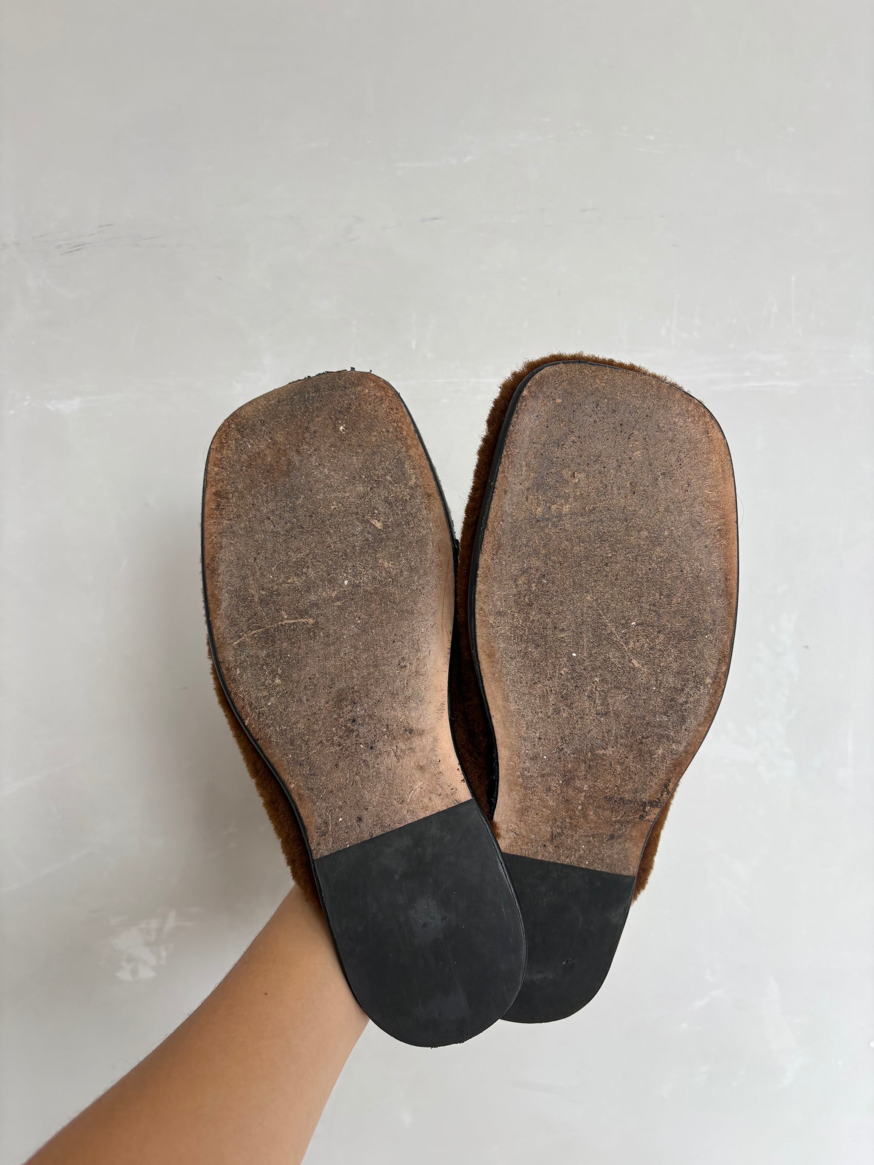 Camilla and Marc Tan Shearling Flat Mules, 40