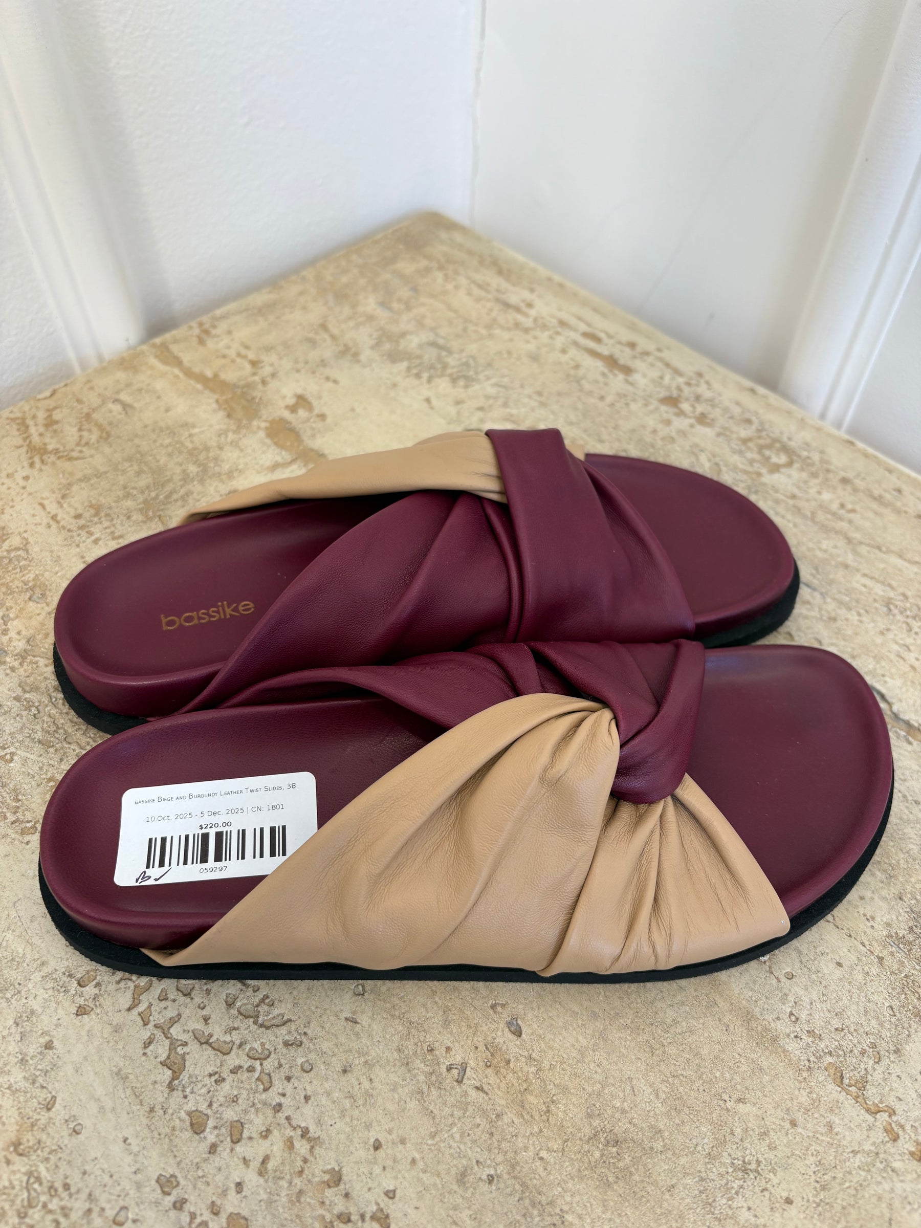bassike Biege and Burgundy Leather Twist Slides, 38