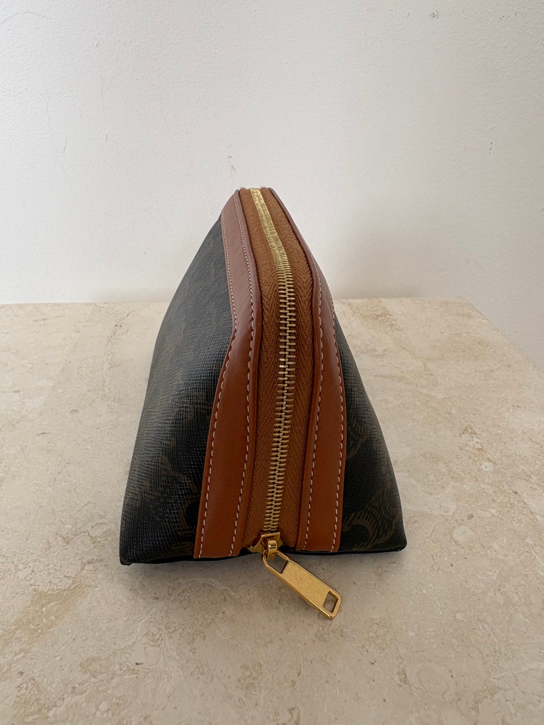 Celine Cosmetic Pouch In Triomphe Canvas And Calfskin