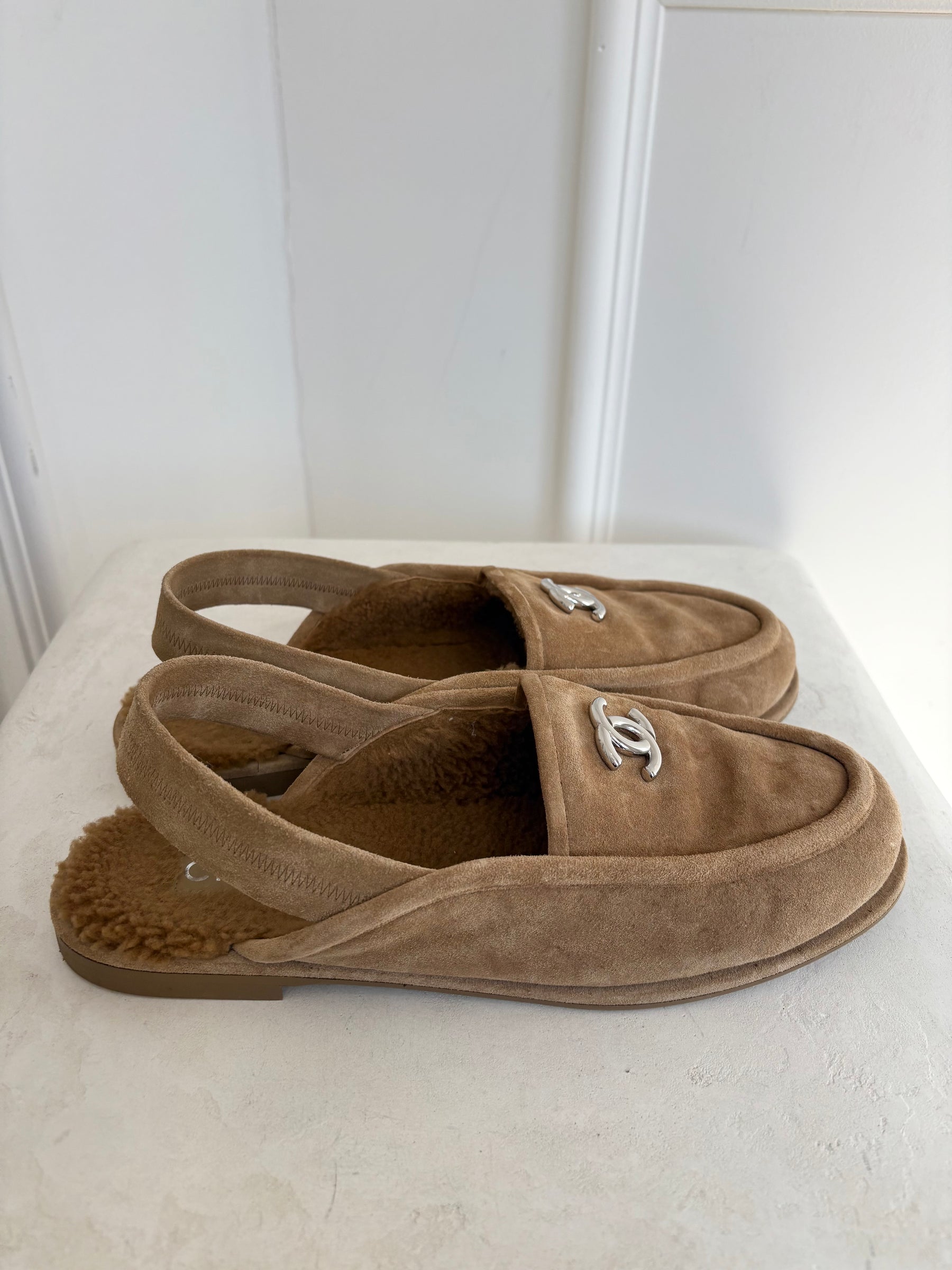 Chanel Beige Suede Shearling Slingback Loafers, 41C