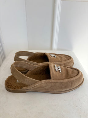 Chanel Beige Suede Shearling Slingback Loafers, 41C