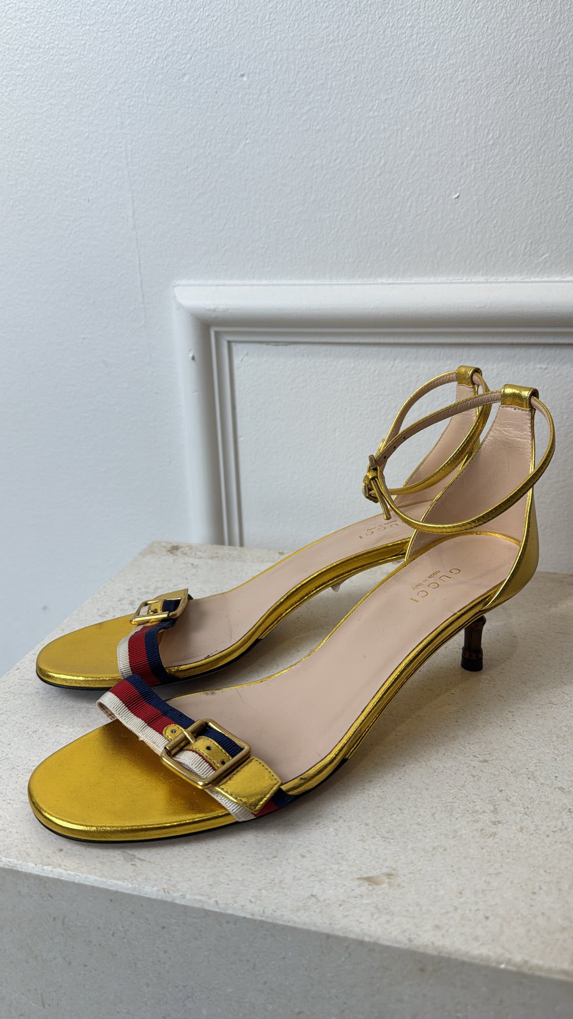 Gucci Gold Blue Red and White Strappy Bamboo Heel, 38.5