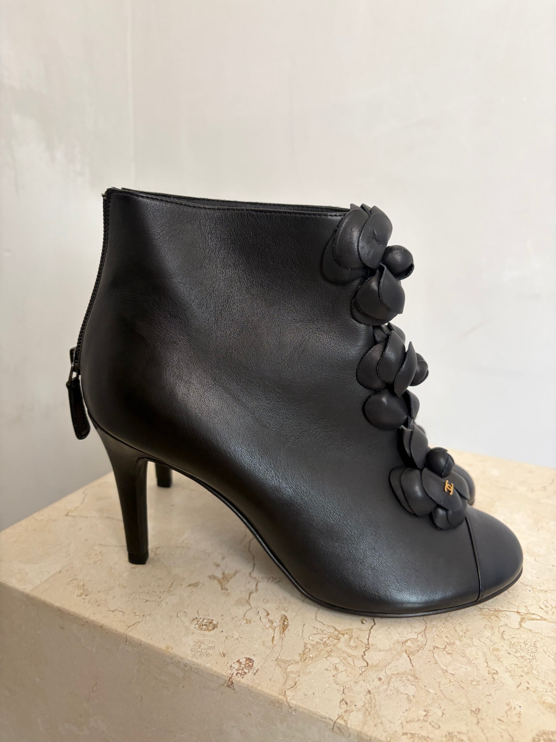 Chanel Camellia Flower Embellished Ankle Boots Black, 39