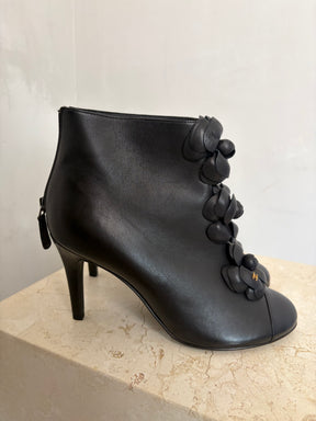 Chanel Camellia Flower Embellished Ankle Boots Black, 39