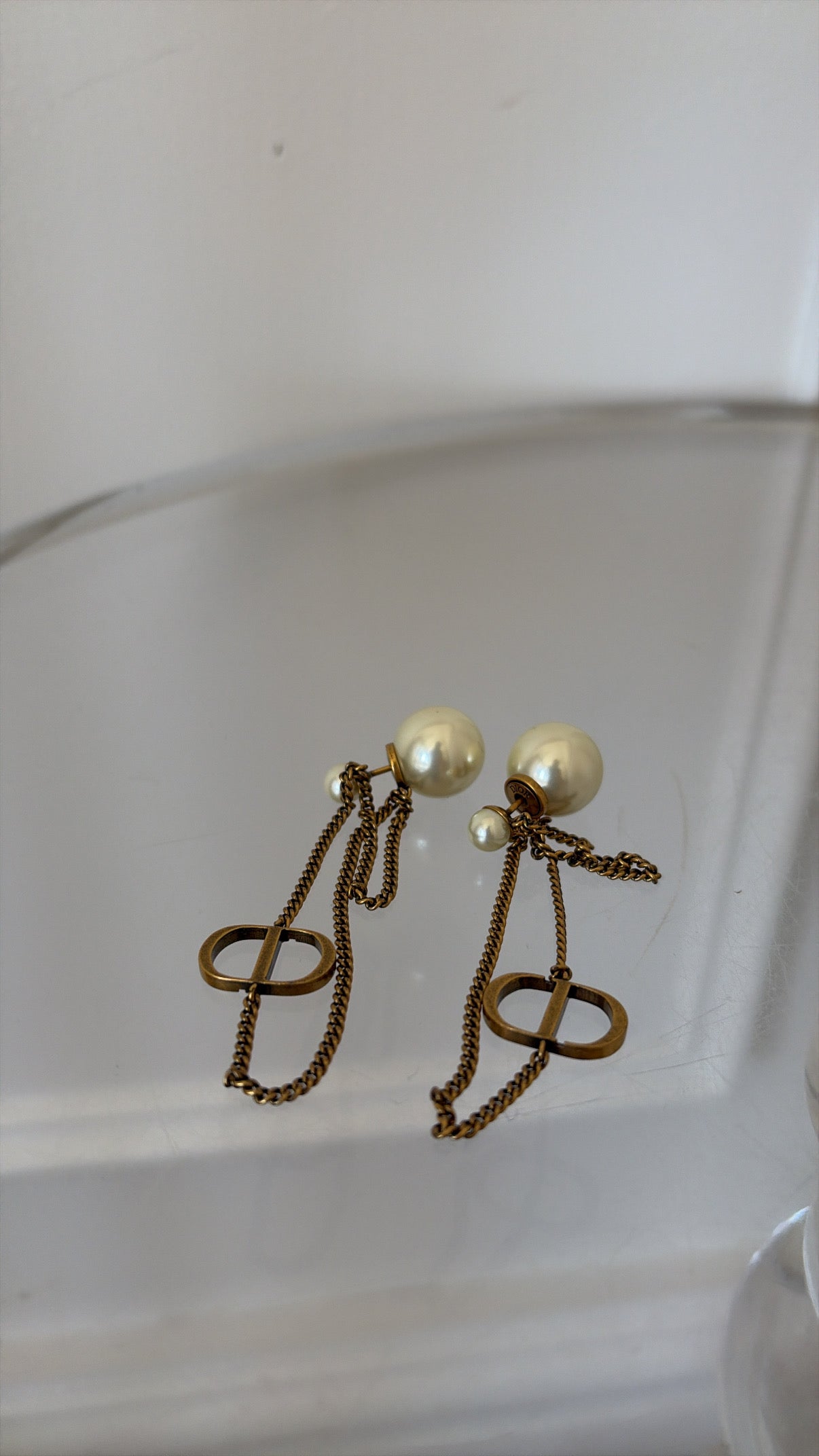 Dior Gold Tone and Pearl Logo Drop Tribale Earrings