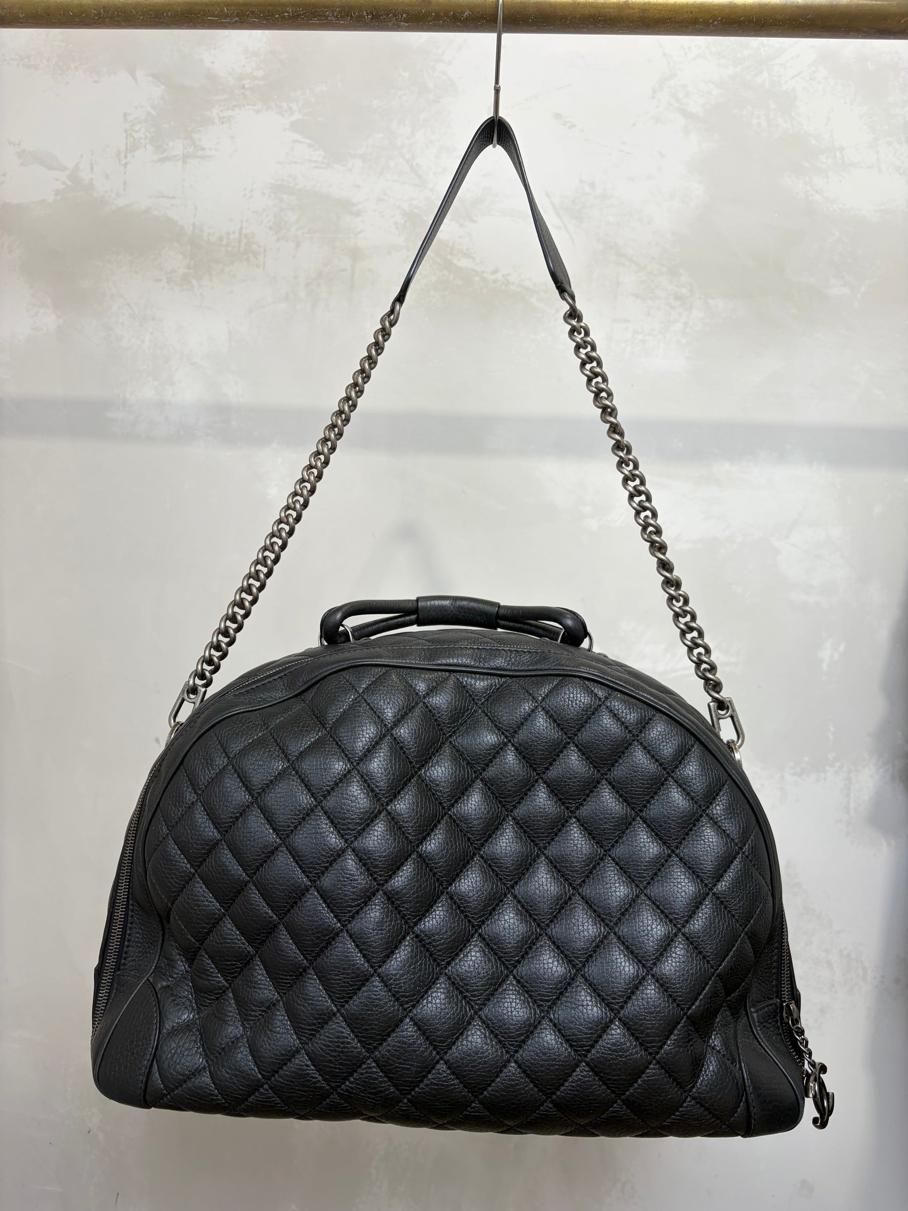 Chanel Black Grained Leather Airlines Round Trip Bowling Bag