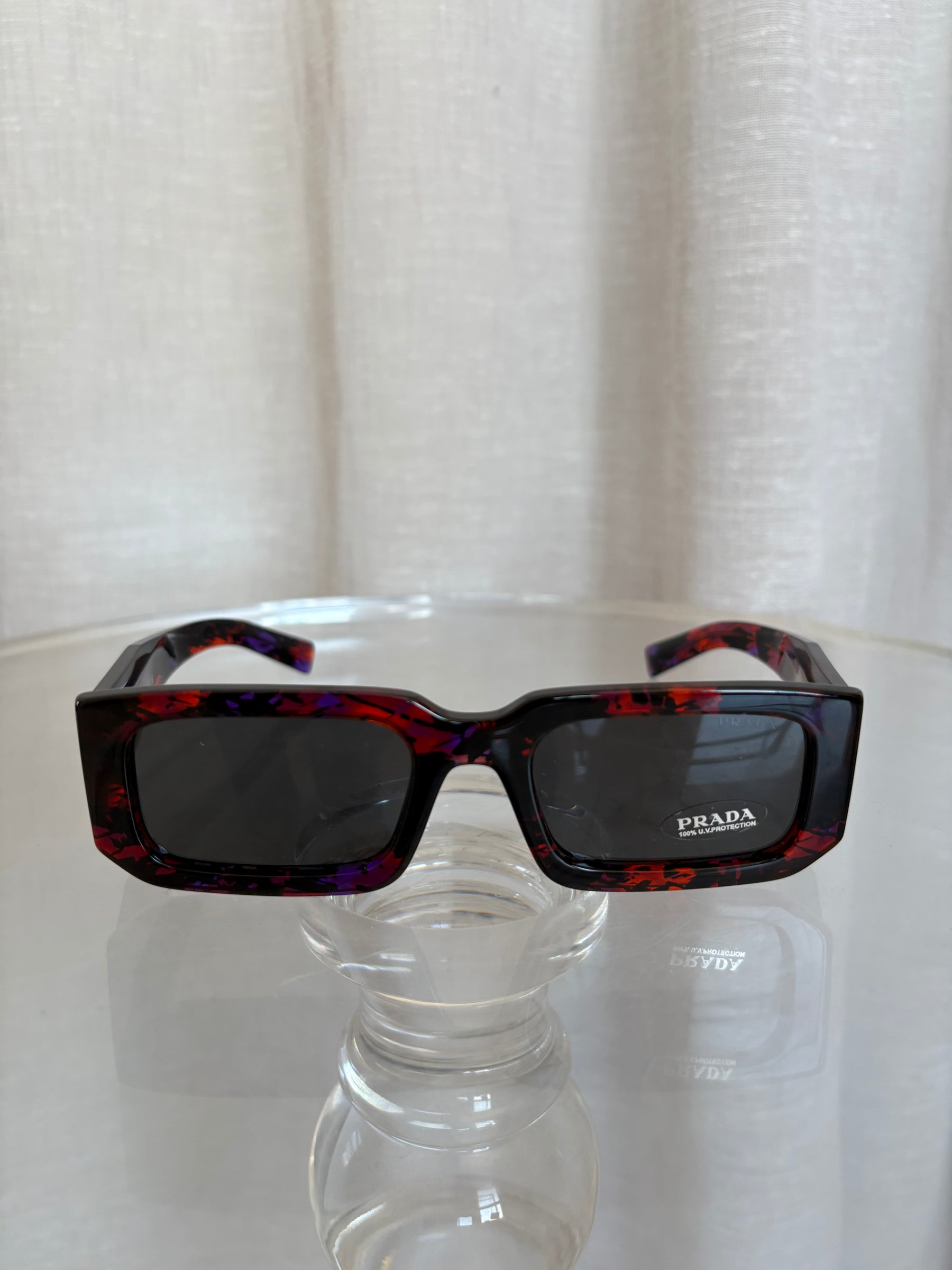 Prada Red and Black Marbled Acetate Rectangular Sunglasses