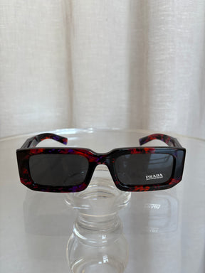 Prada Red and Black Marbled Acetate Rectangular Sunglasses