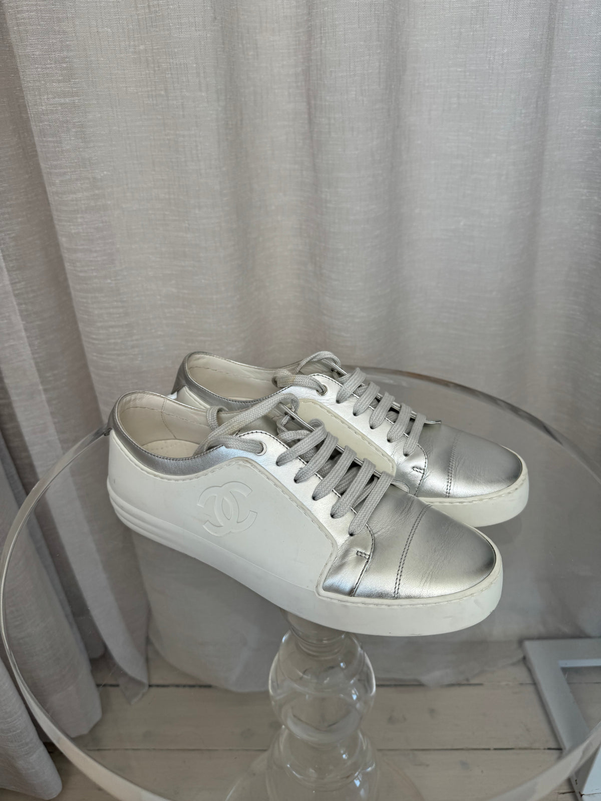 Chanel White Rubber and Silver Leather Sneakers, 40