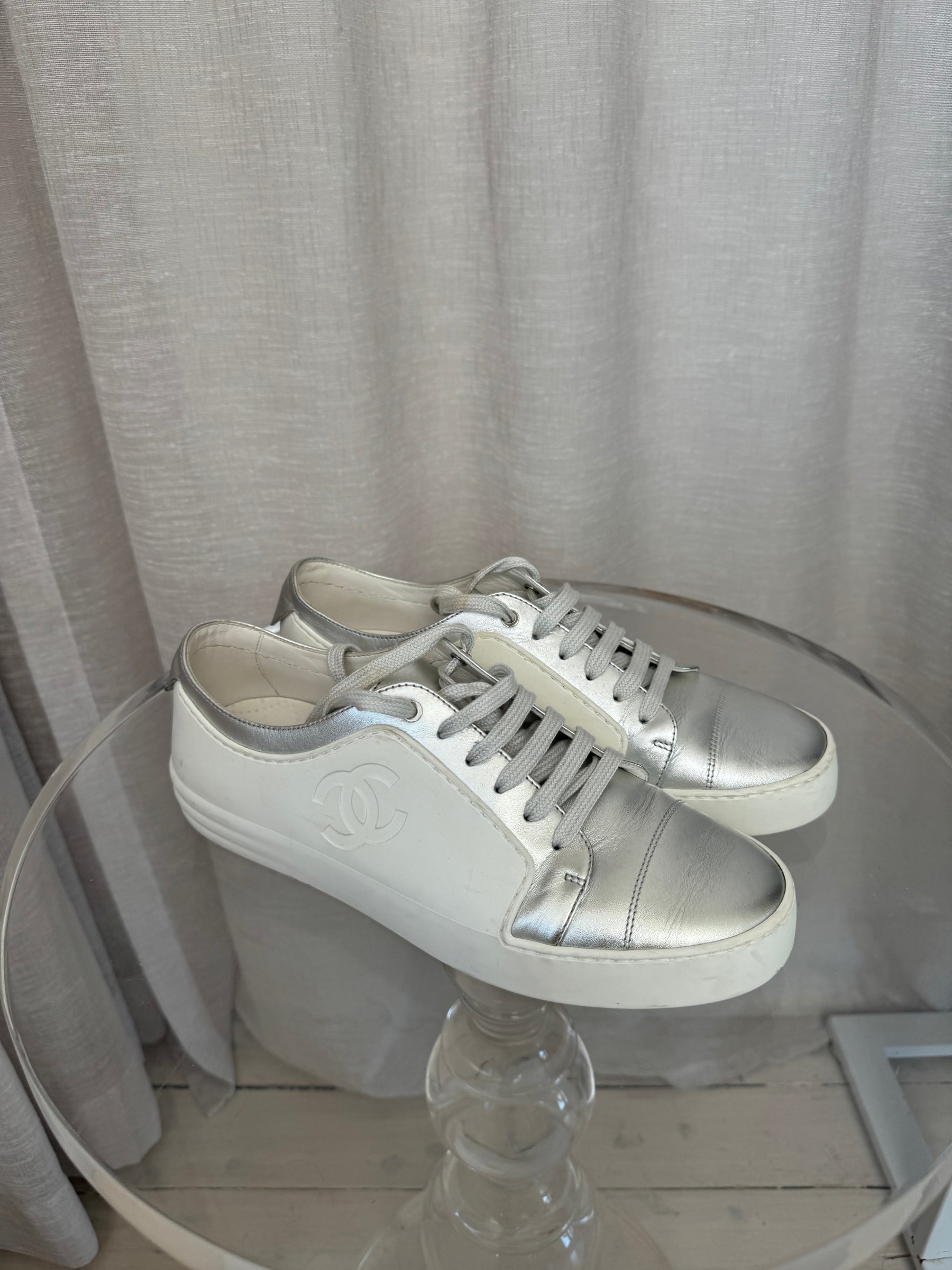 Chanel White Rubber and Silver Leather Sneakers, 40