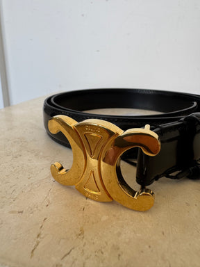 Celine Black Leather Triomphe logo Belt, 80