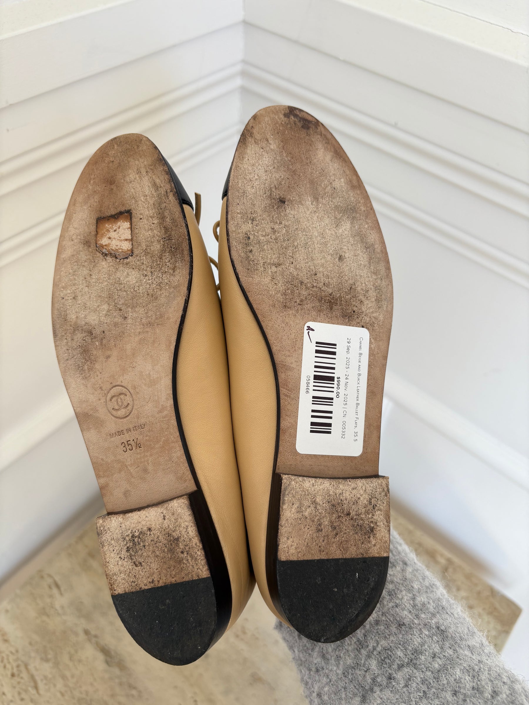Chanel Beige and Black Leather Ballet Flats, 35.5