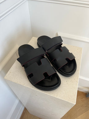 Hermès Black Epsom Leather with Red Edging Chypre Sandals, 41