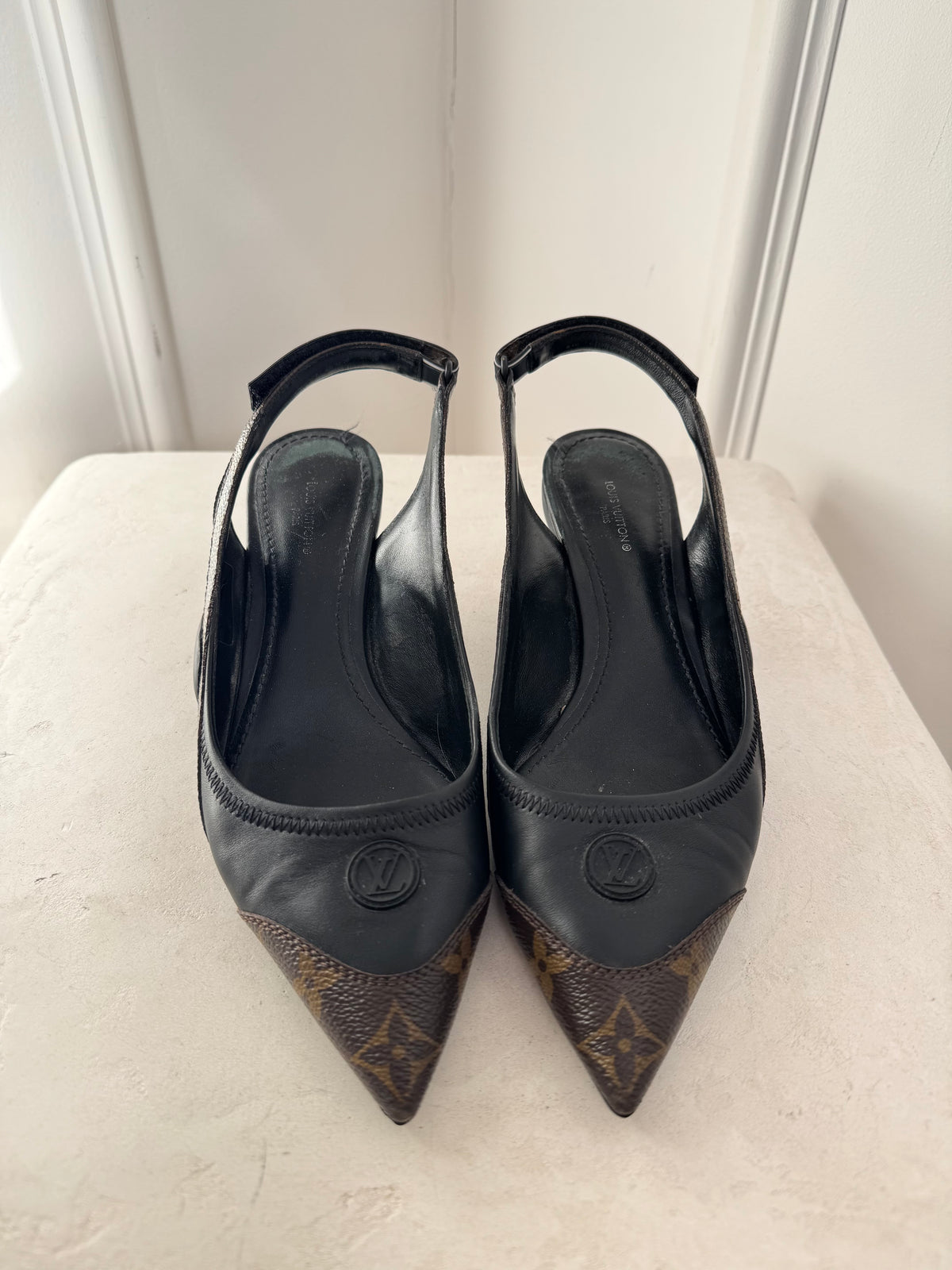Louis Vuitton Black Leather and Monogram Slingback Heels, 38