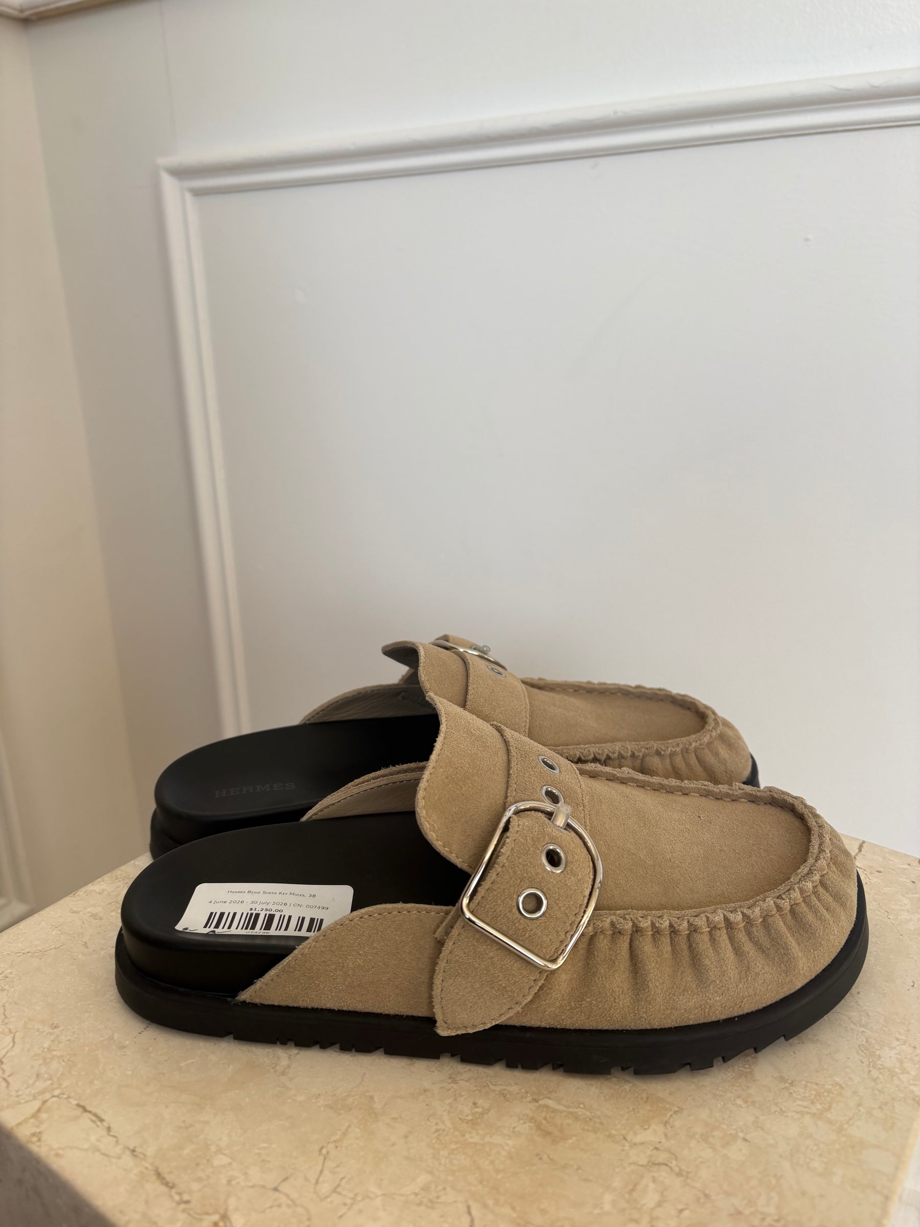 Hermès Beige Suede Key Mules, 38