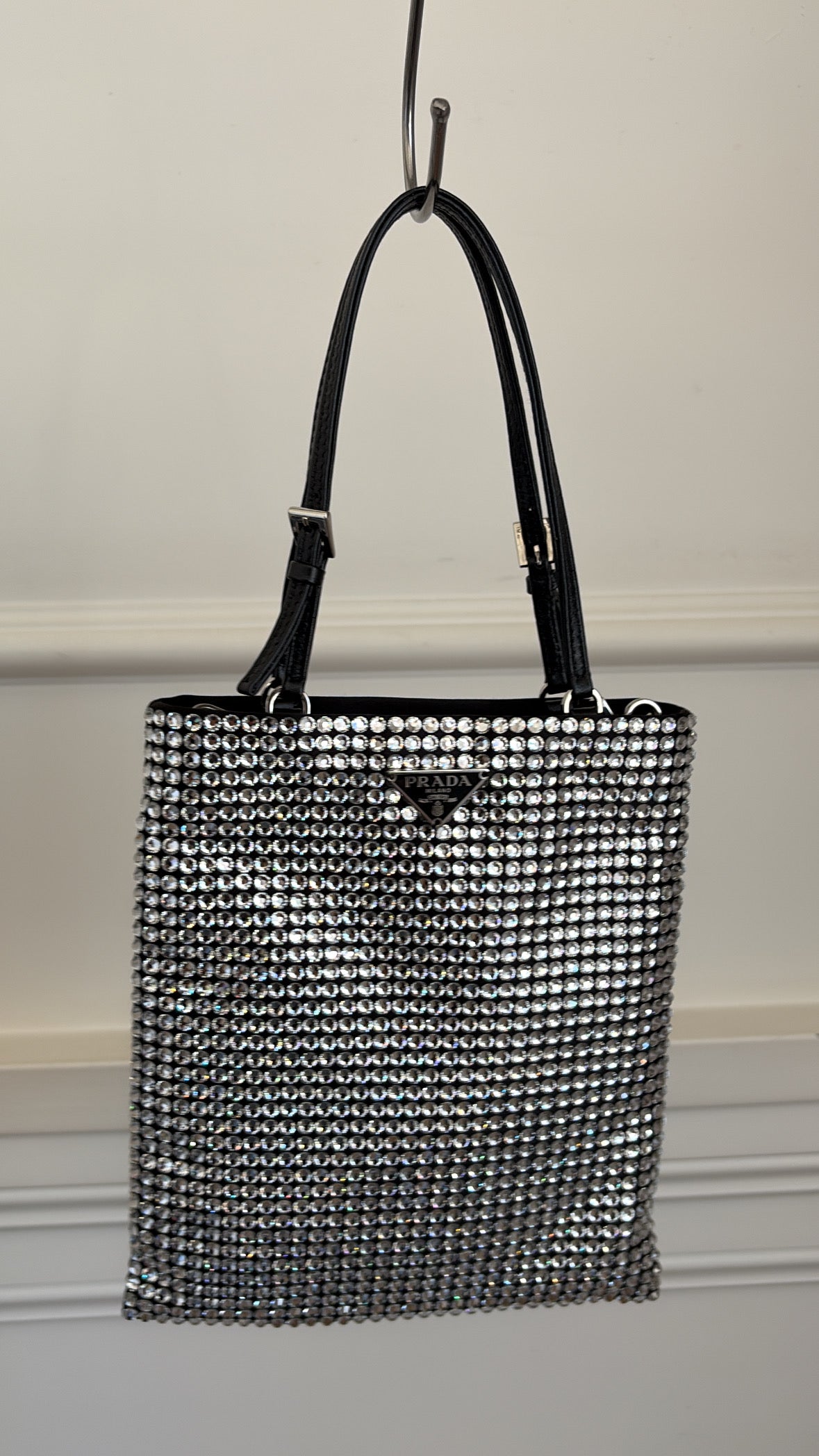 Prada Satin Crystal Embellished Flat Tote with Shoulder Chain