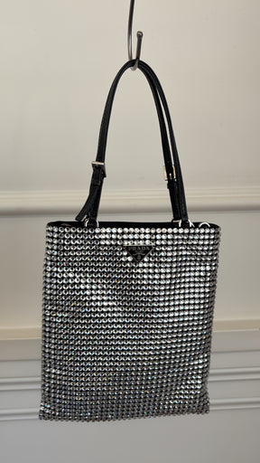 Prada Satin Crystal Embellished Flat Tote with Shoulder Chain