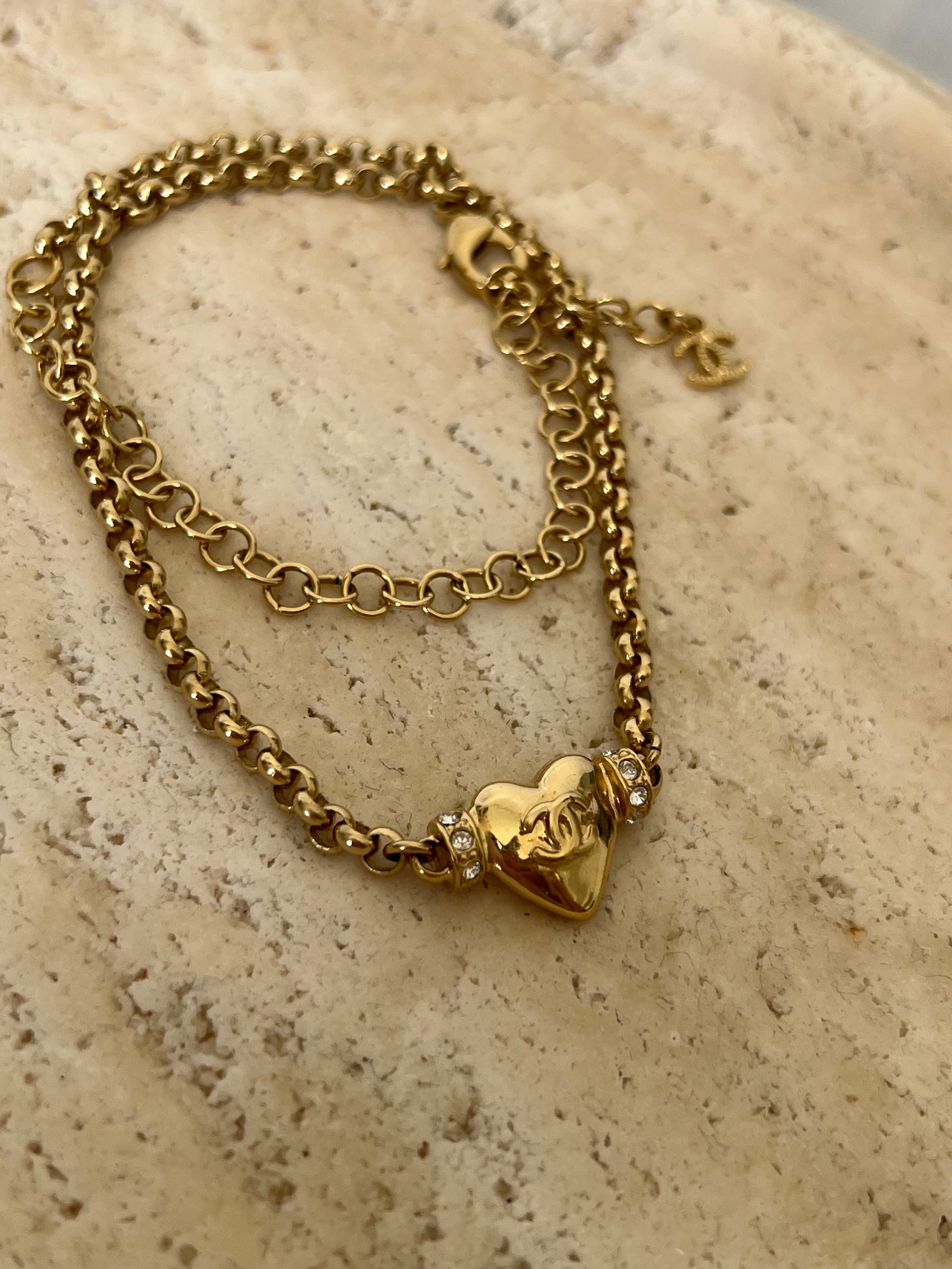 Chanel Gold Tone Crystal and Heart Chain Necklace