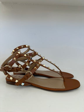 Valentino Garavani Tan Leather Rockstud Caged Sandal, 36.5