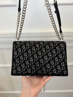 Dior Black Satin and Velvet Crystal Monogram Diorama Bag