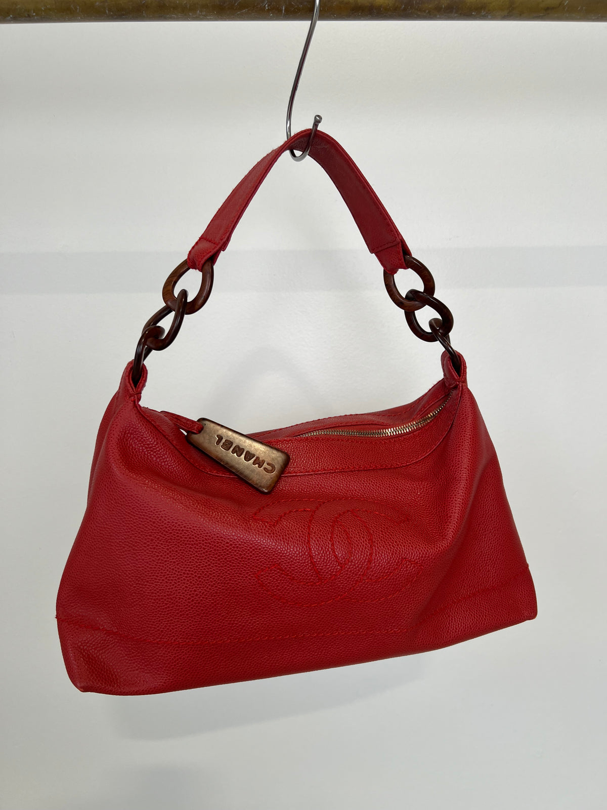 Chanel Red Caviar Leather Wood Detail Shoulder Bag