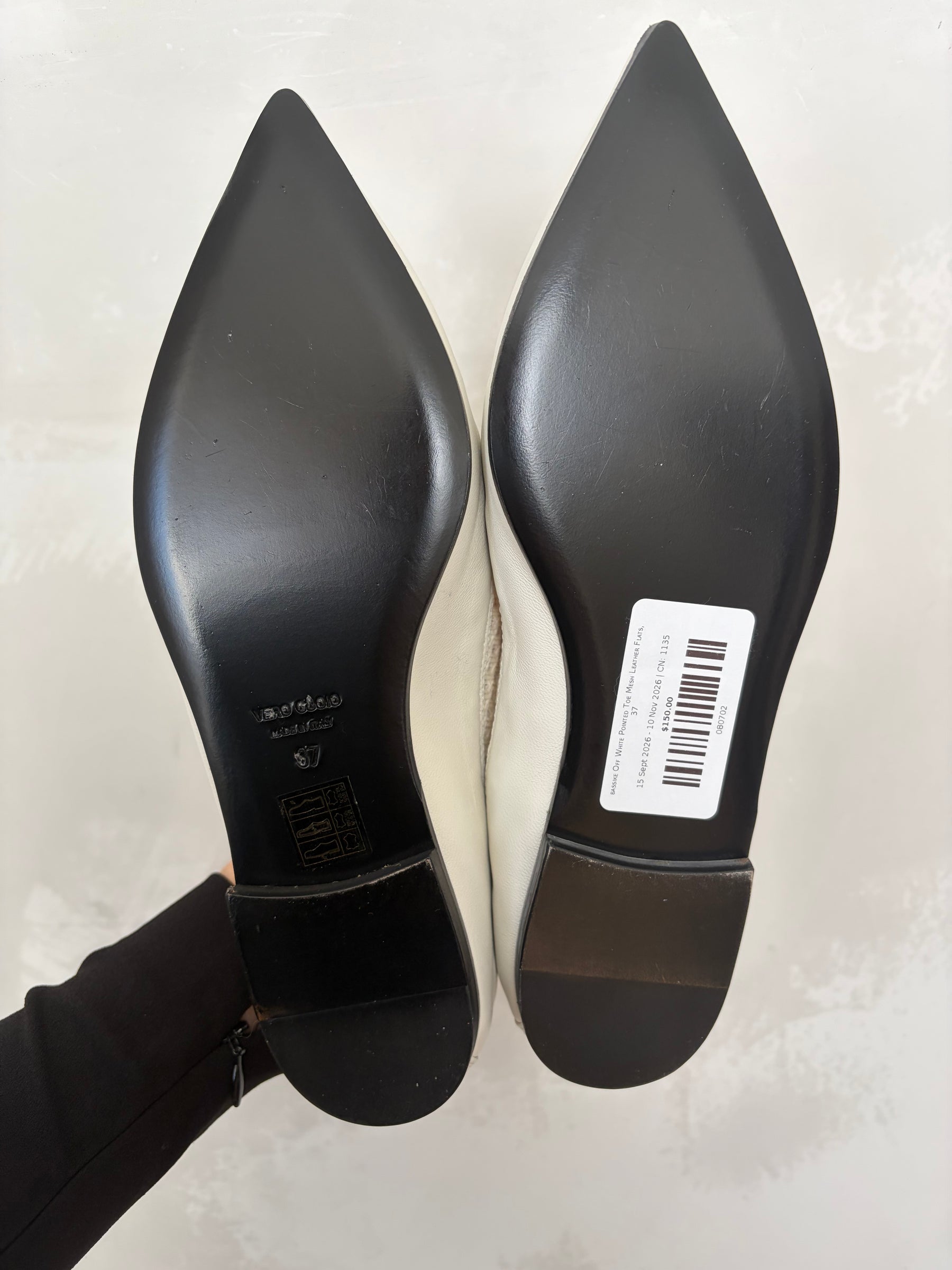 bassike Off White Pointed Toe Mesh Leather Flats, 37
