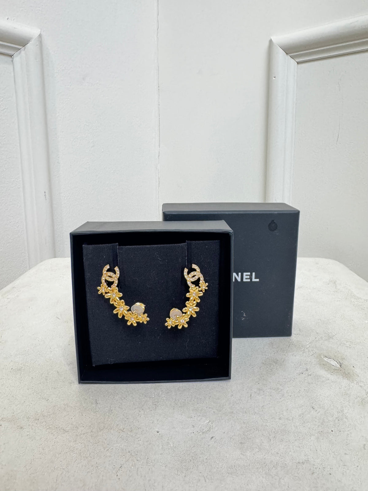 Chanel Gold Tone and Crystal Floral CC Climber Earring