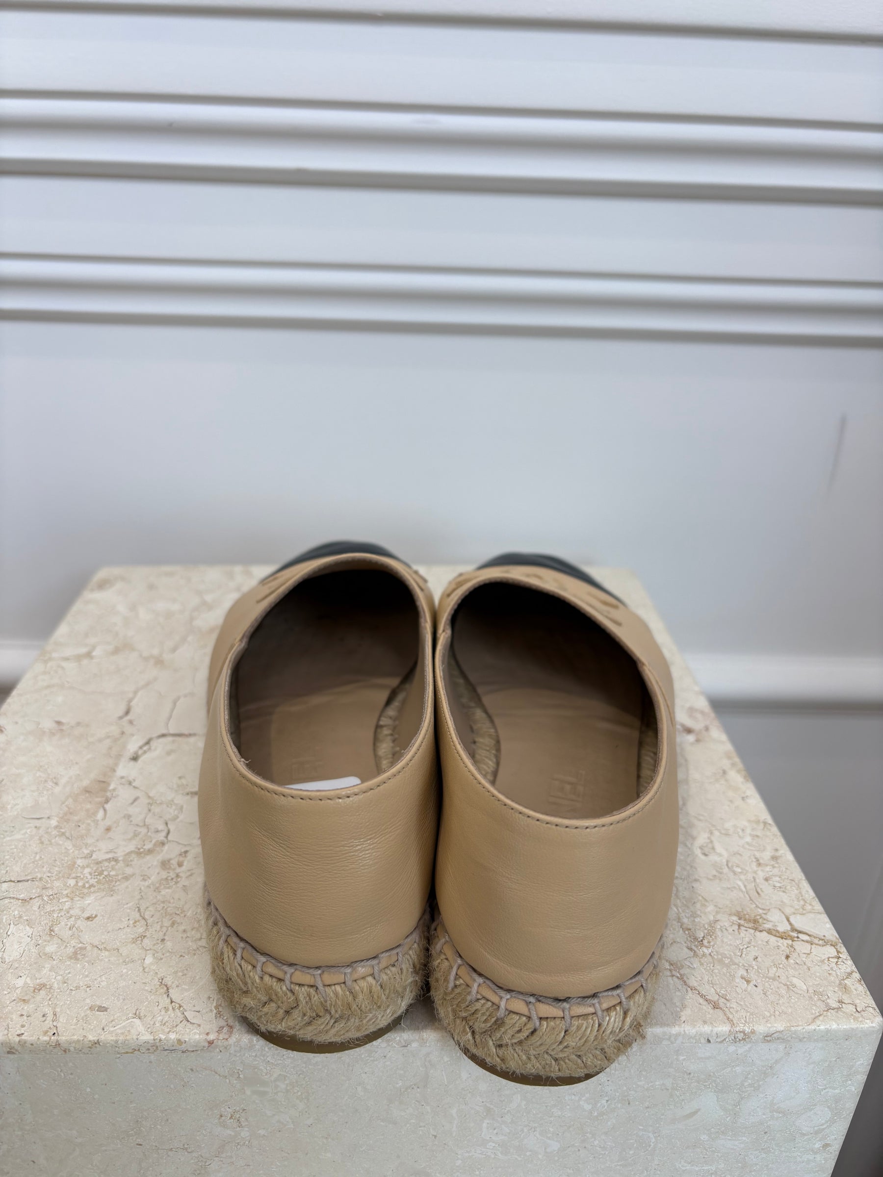 Chanel Beige and Black Leather Logo Espadrilles, 38