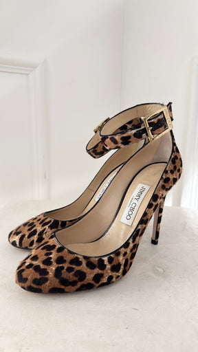 Jimmy Choo Helena Leopard Print Pony Hair Ankle Strap Heels, 38