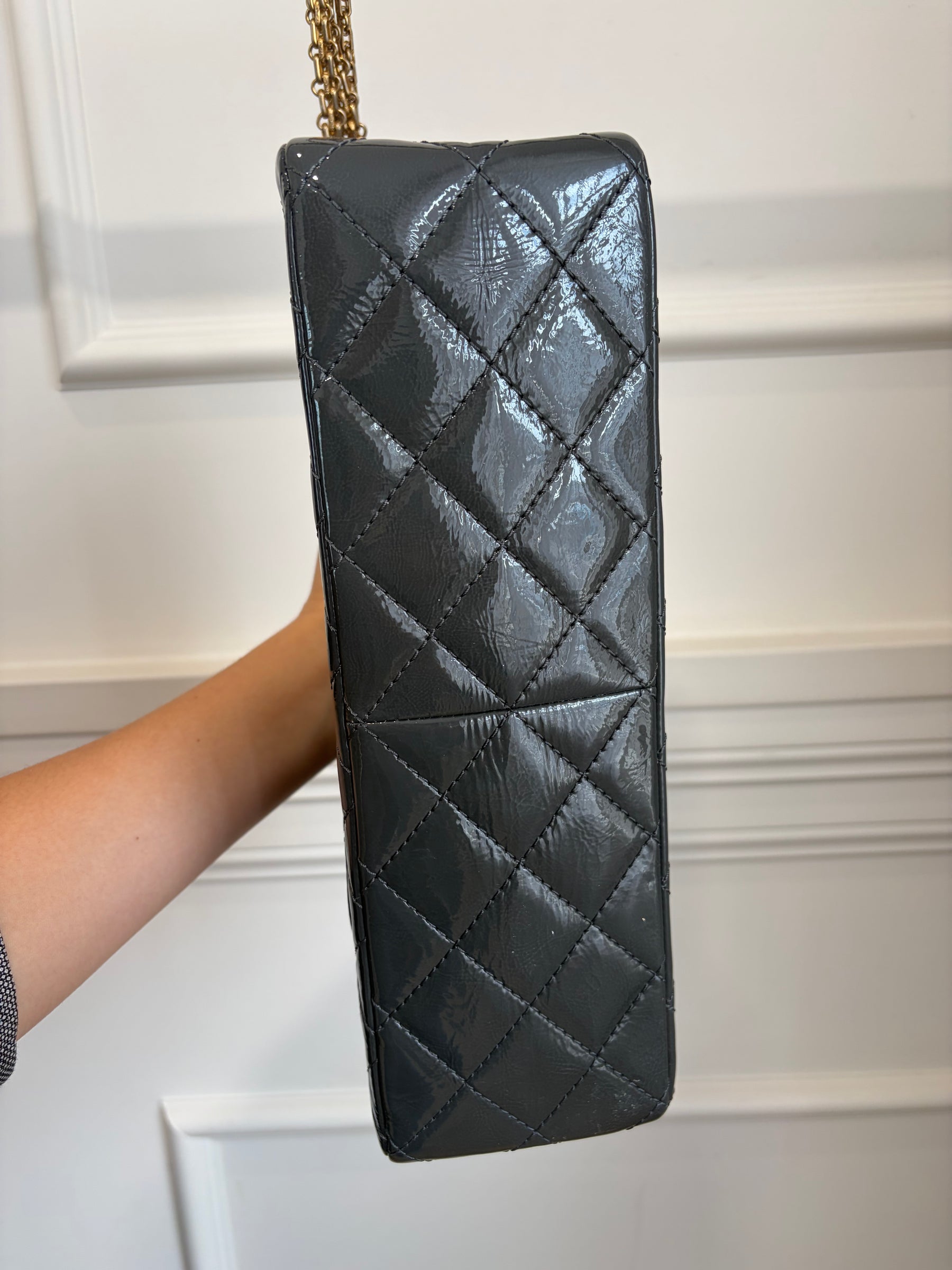 Chanel Charcoal Patent Reissue 2.55 Jumbo Flap Bag