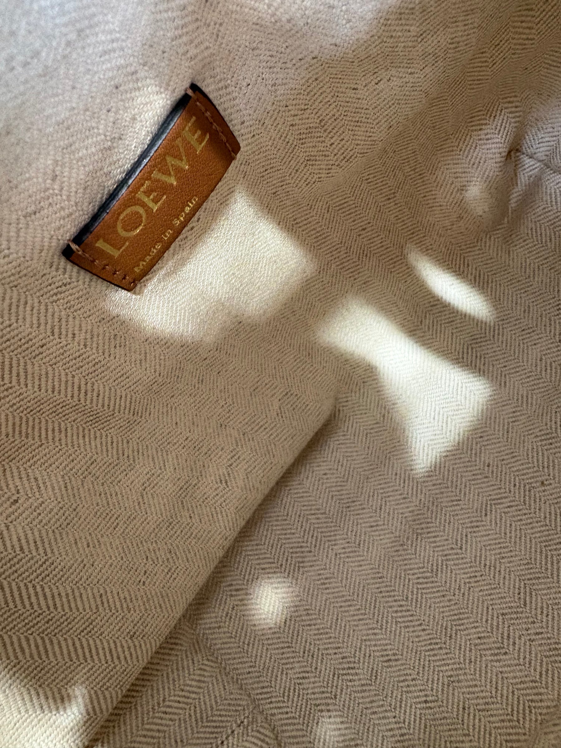 Loewe Beige and White Canvas Anagram Cubi Small Bag with Tan Leather