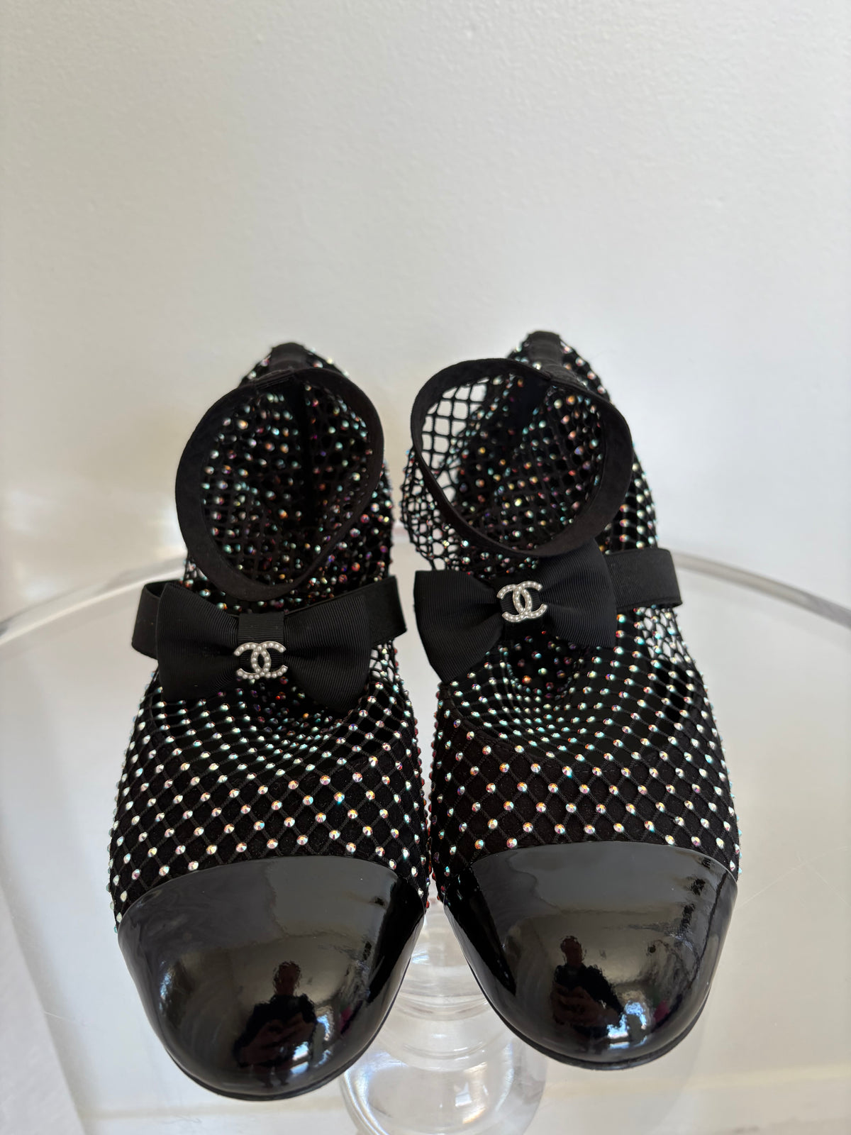 Chanel Black Crystal Net Sock Pump Heels, 36C