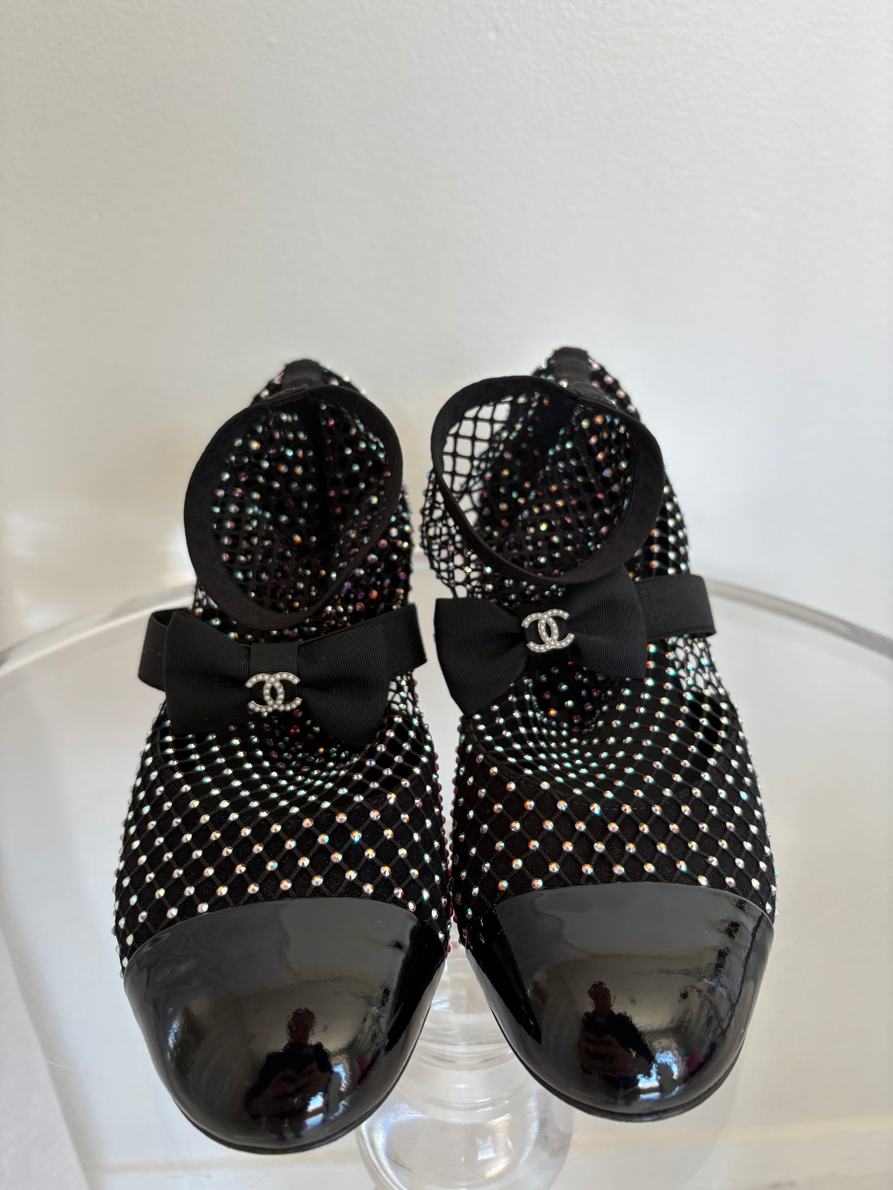 Chanel Black Crystal Net Sock Pump Heels, 36C