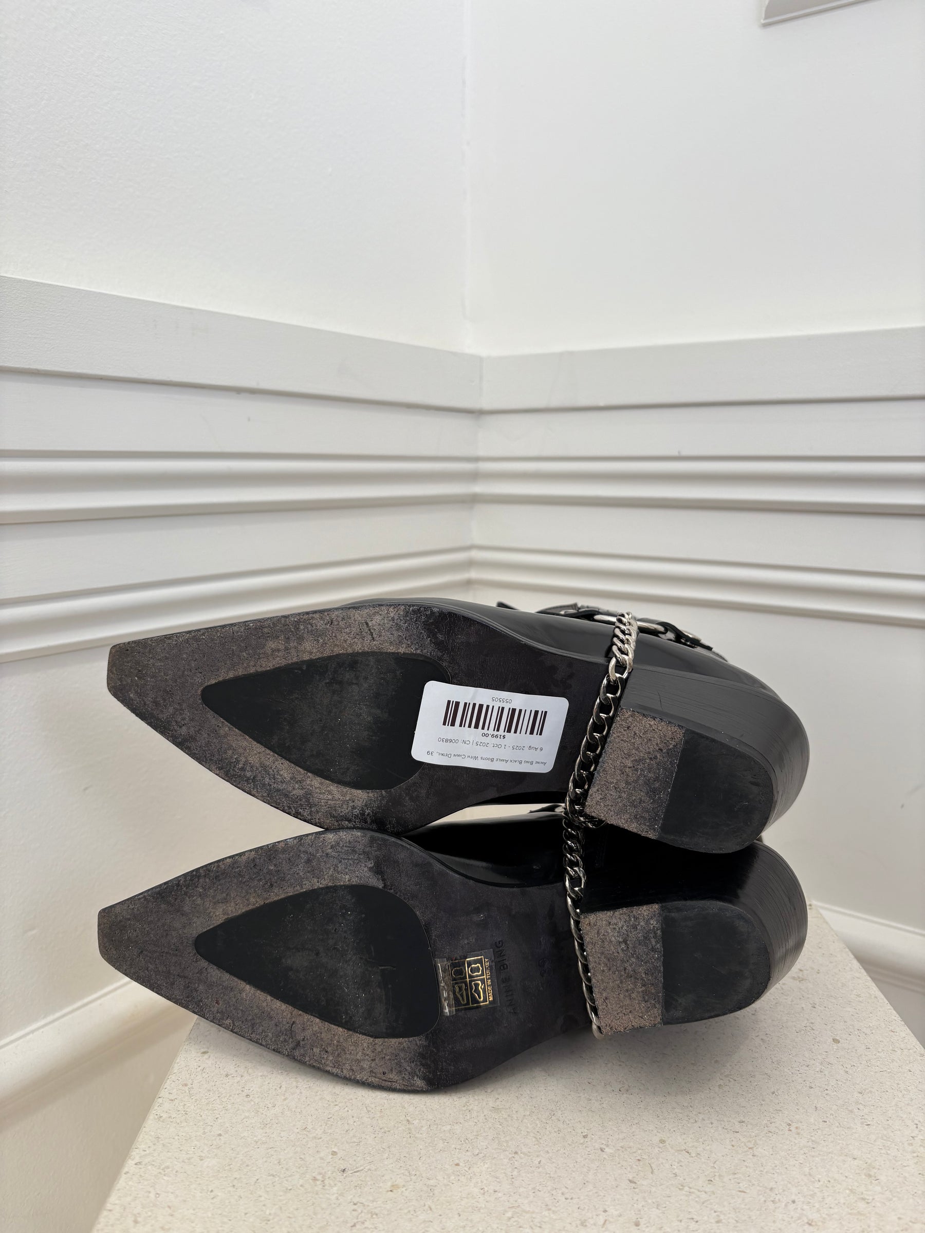 Anine Bing Black Ankle Boots With Chain Detail, 39