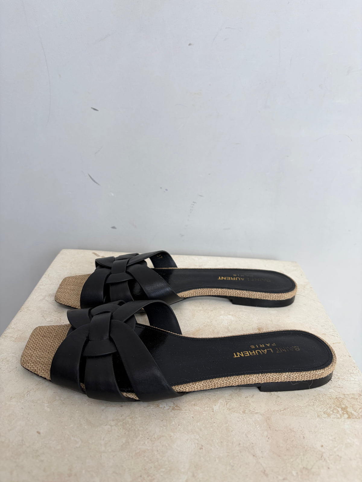Saint Laurent Black Leather and Hessian Tribute Slides, 37