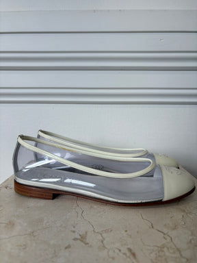 Chanel Cream Patent and PVC Logo Ballet Flats, 36.5