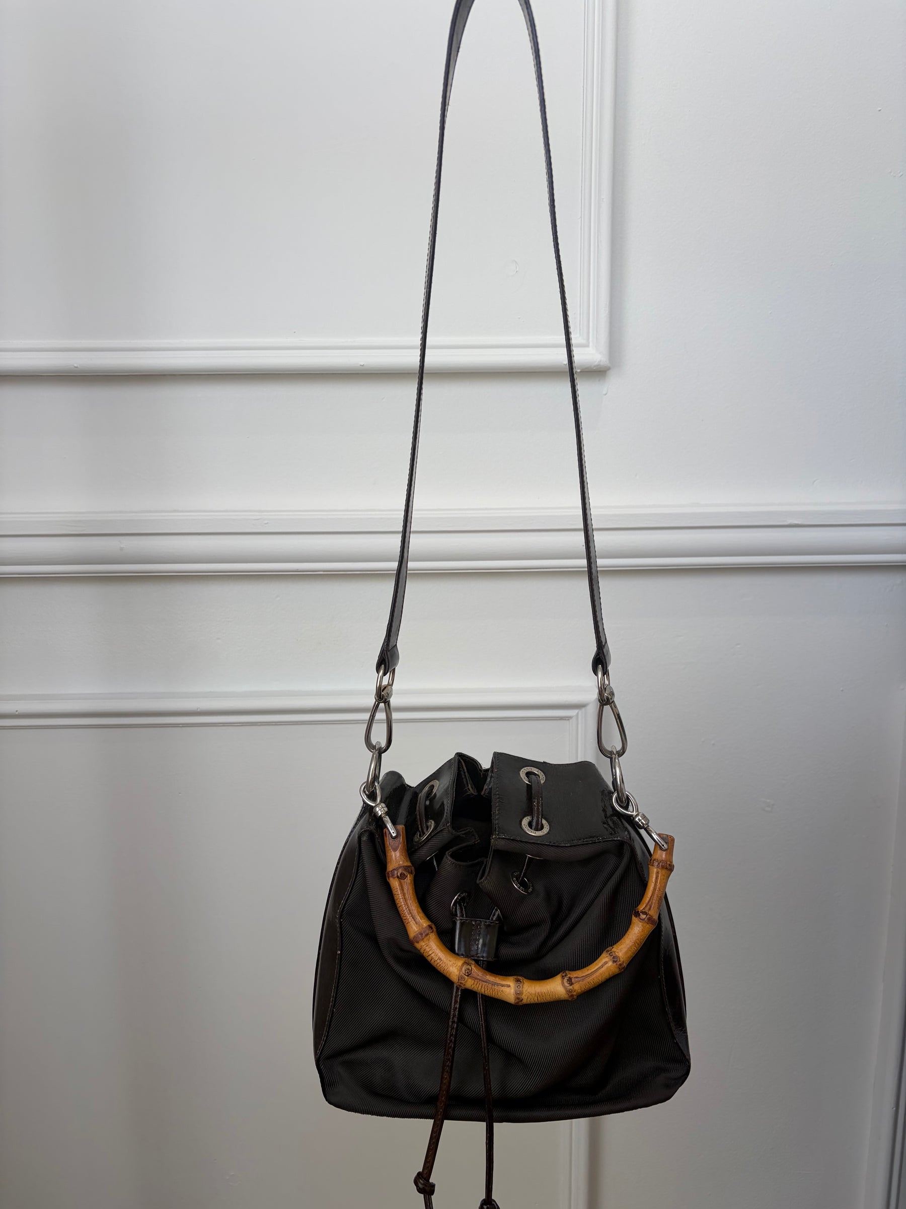 Gucci Vintage Bamboo Nylong Leather Bucket Bag, 8 AU