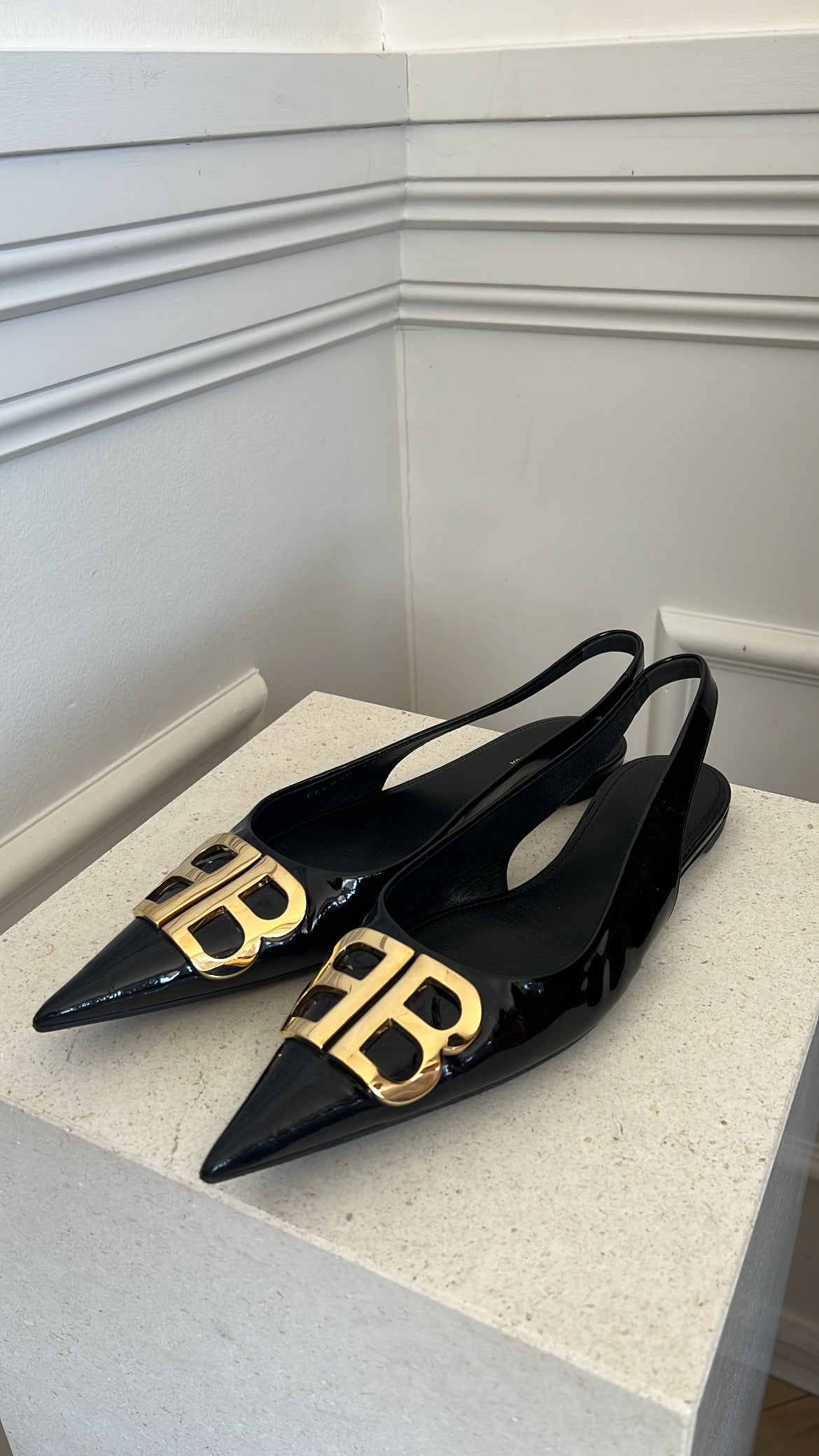 Balenciaga Black Patent Leather Slingback Flats, 39.5